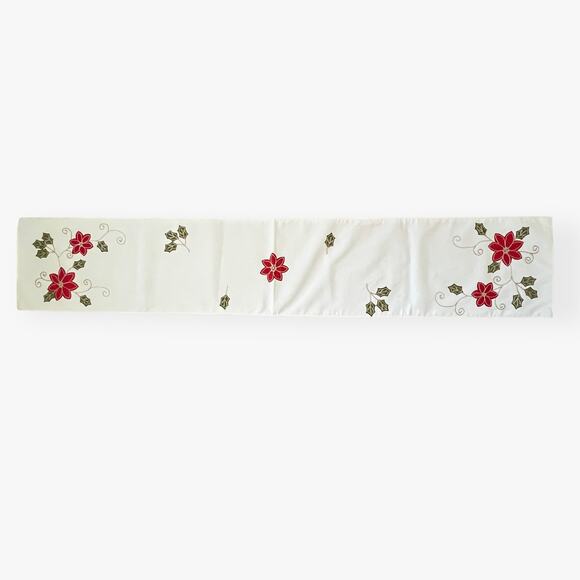 Inspired Treasures Table Runner White Red Poinsettia Christmas Holiday 72x13 - Picture 3 of 9